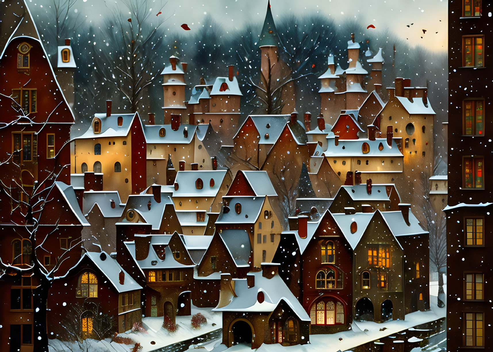 Multicolored houses in snowy village at twilight