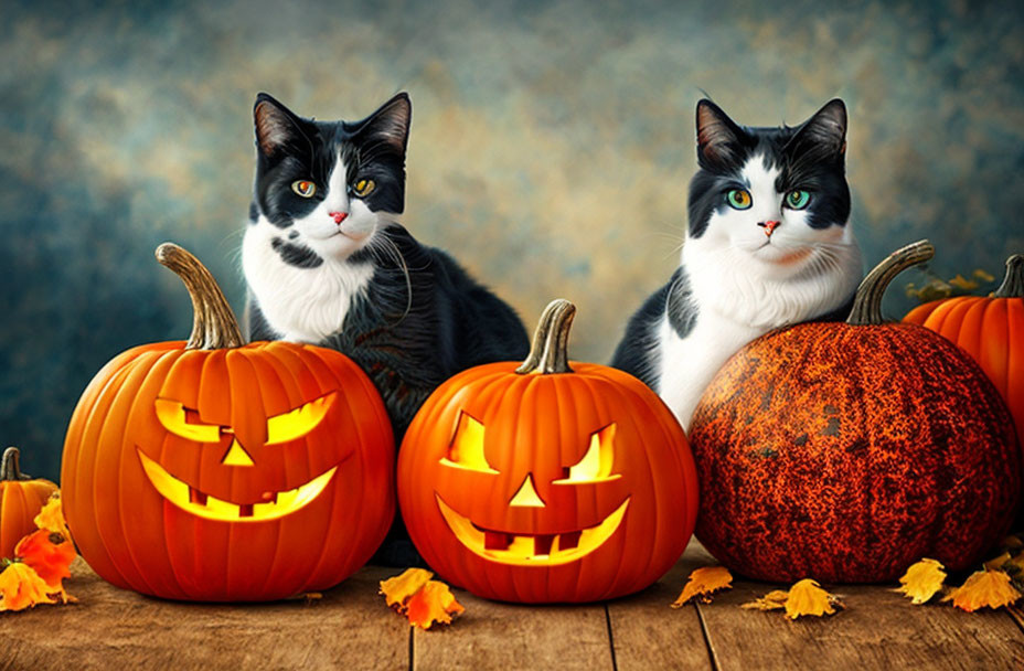 Black and white cats with carved pumpkins on rustic autumn background