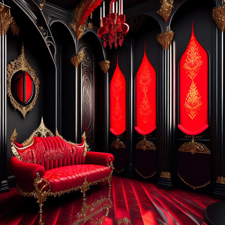 Luxurious Black and Gold Room with Red Victorian Sofa and Red Chandelier