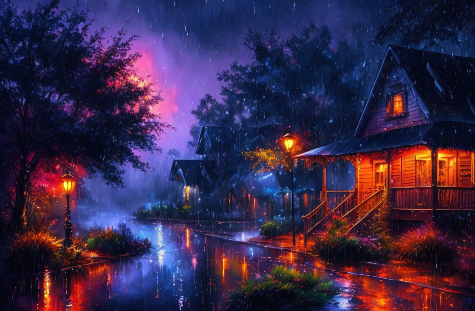 Scenic rainy night: warm wooden houses, glowing street lamps, lush foliage