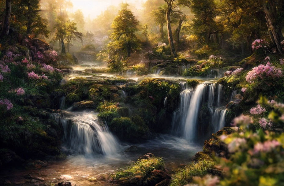 Tranquil woodland landscape with waterfalls, green foliage, and pink flowers