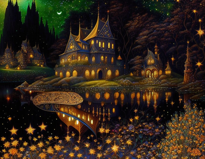 Whimsical castle in lush night scene with lake & garden