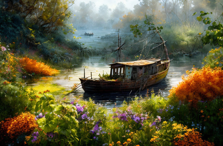 Serene river scene with old boat and lush foliage