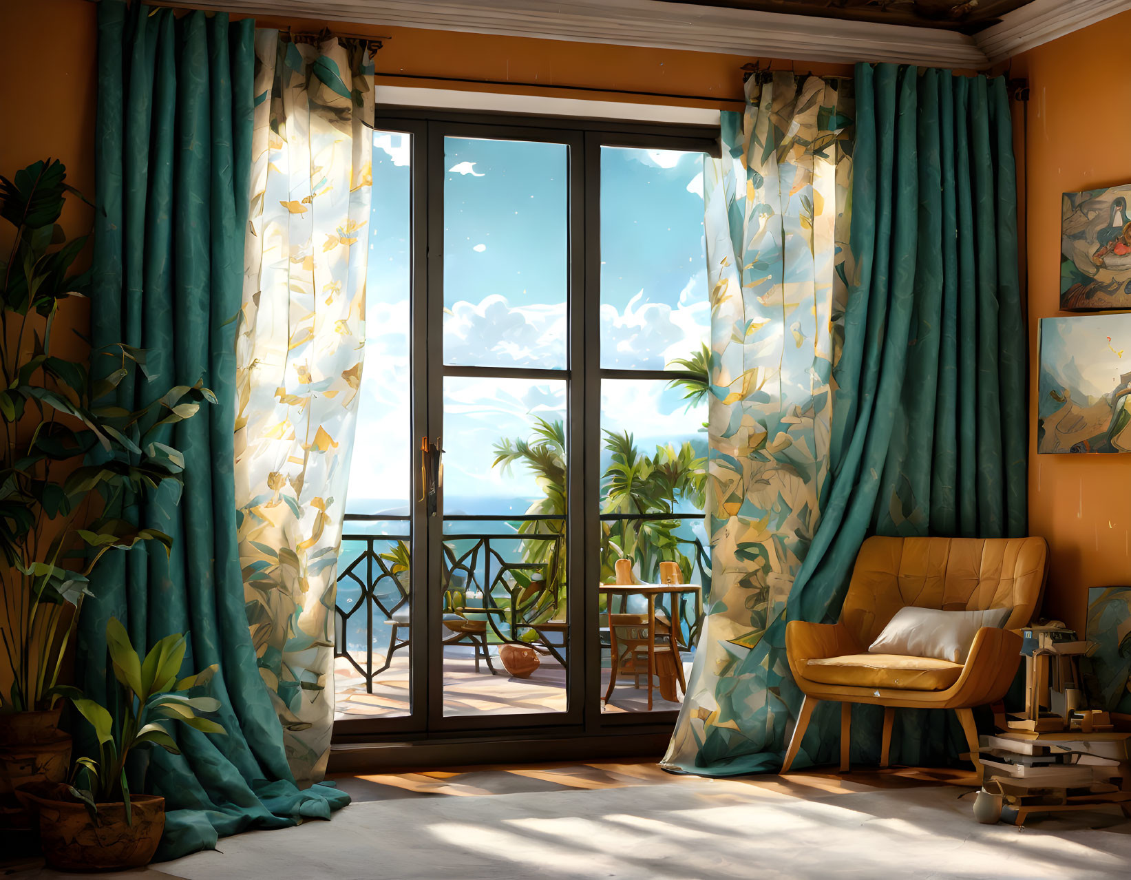 Sunlit Room with Ocean View and Indoor Plants