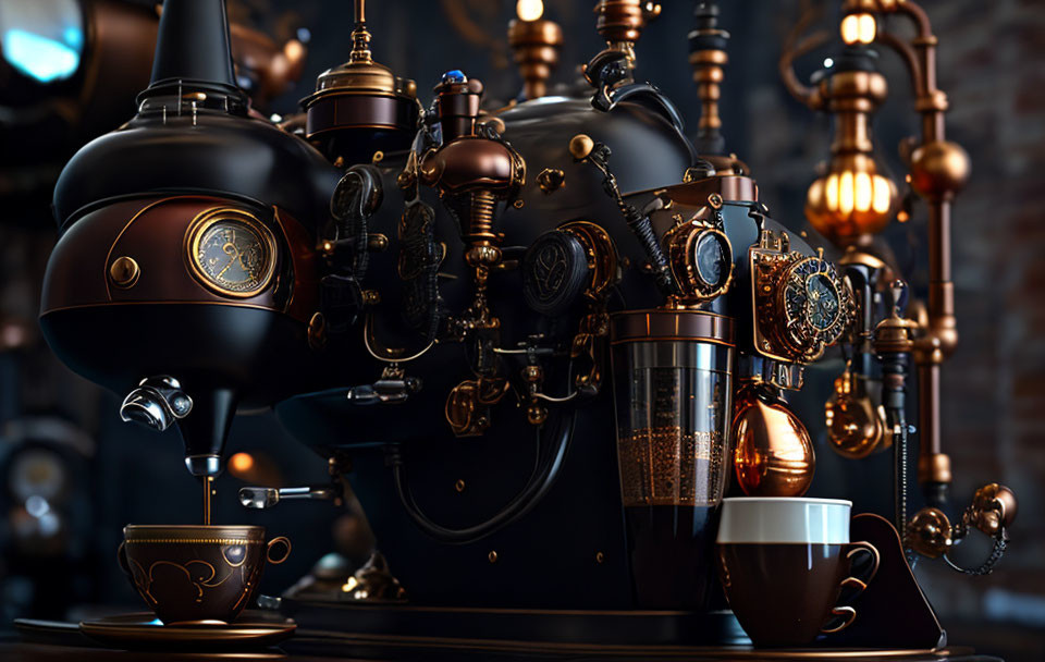 Steampunk-style coffee machine with bronze gears and pipes dispensing coffee.