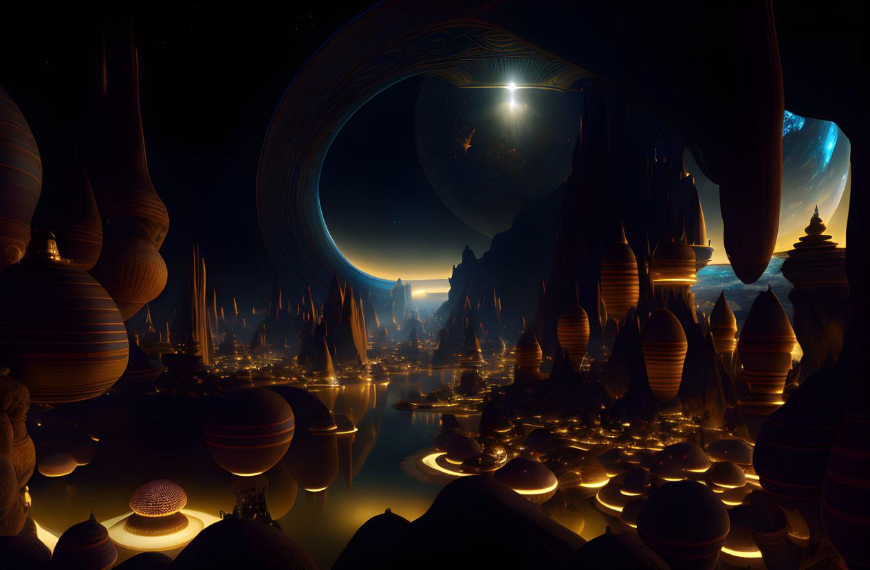 Alien landscape at night with spherical structures and celestial bodies