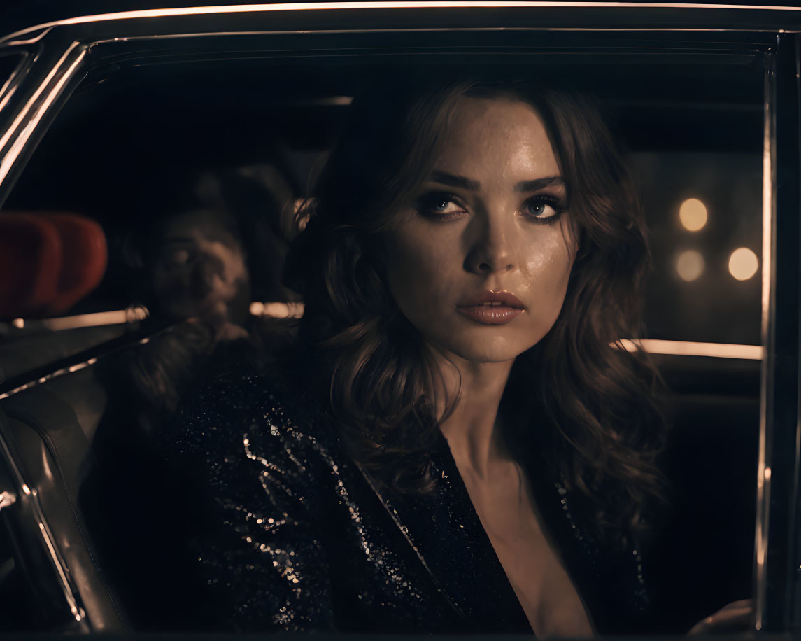 Wavy-haired woman in sequined outfit looking through car window at night