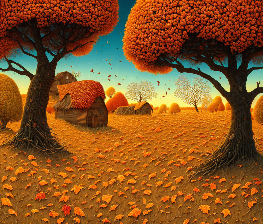 Vibrant autumnal fantasy landscape with whimsical trees and wooden cottage