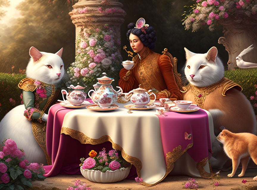 Anthropomorphic Cats in Historical Attire Enjoying Tea in Lush Garden