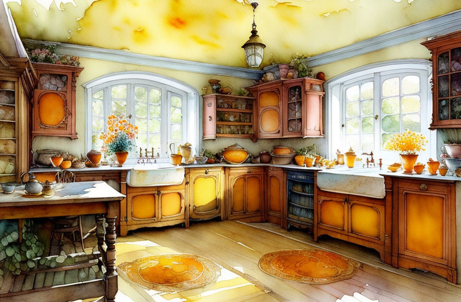 Sunlit kitchen with yellow tones, wooden cabinetry, lantern, and orange flowers