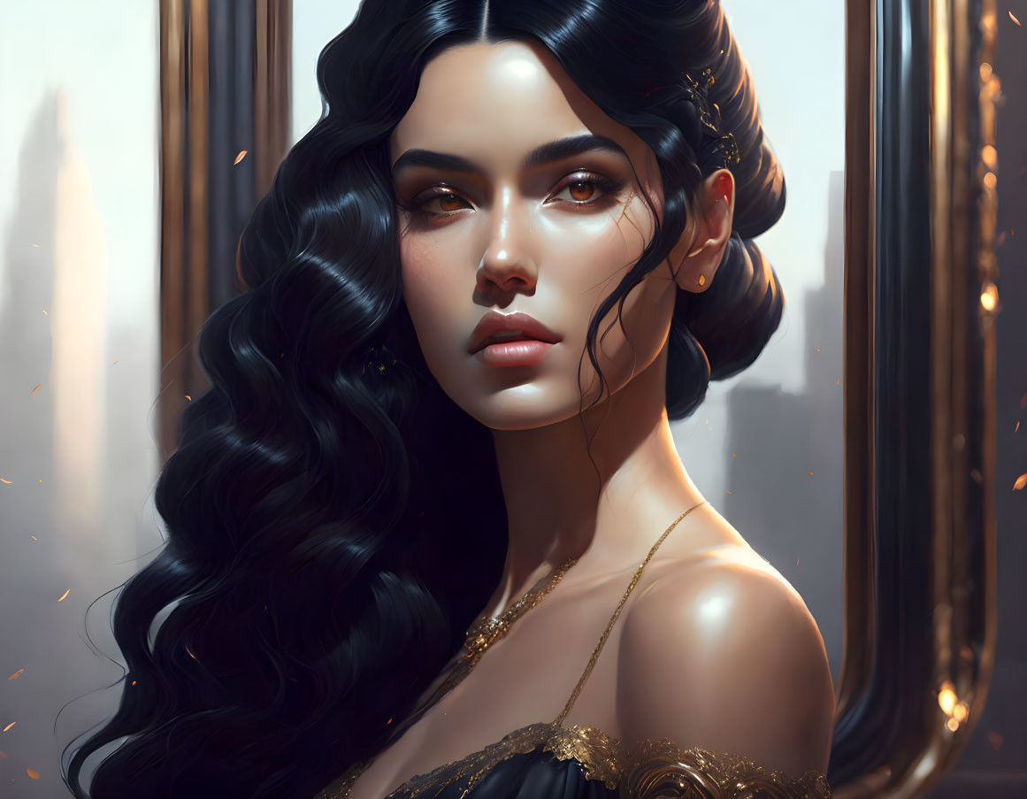 Dark-haired woman in black and gold dress against cityscape portrait.