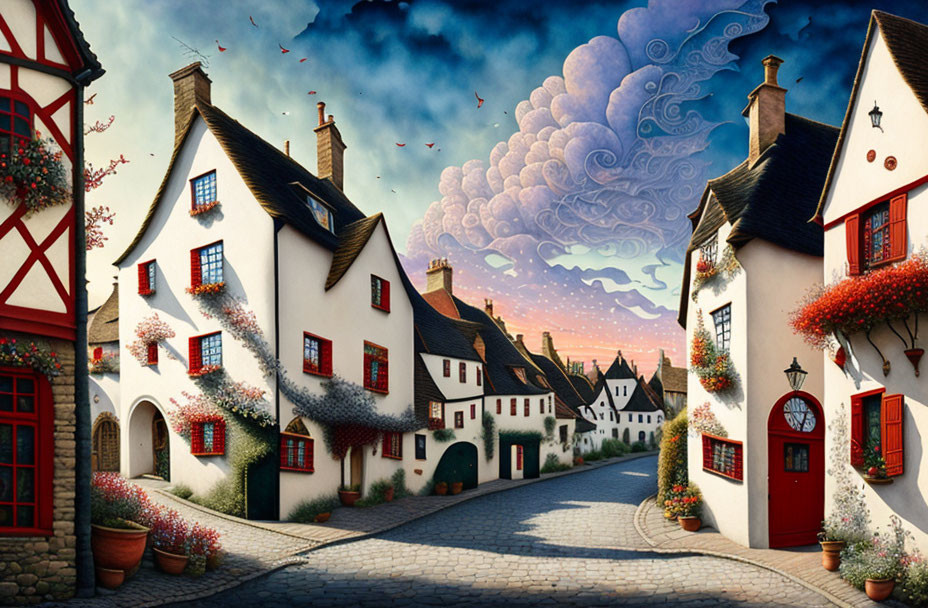 Charming village street with whimsical architecture and blooming vines