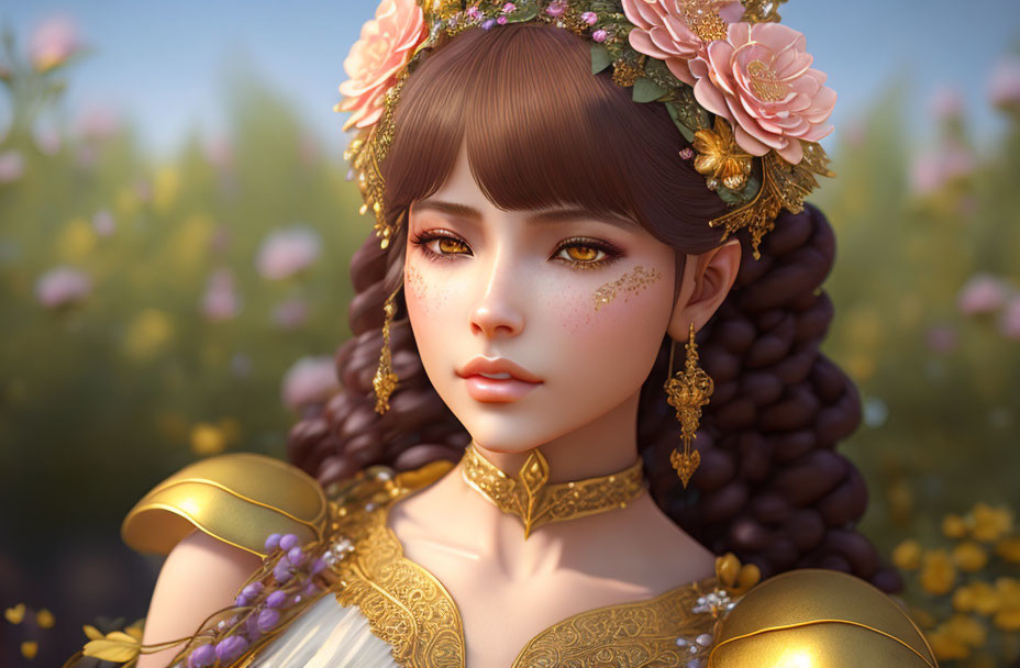 Digital artwork: Young woman with floral crown and golden jewelry on soft-focus floral background