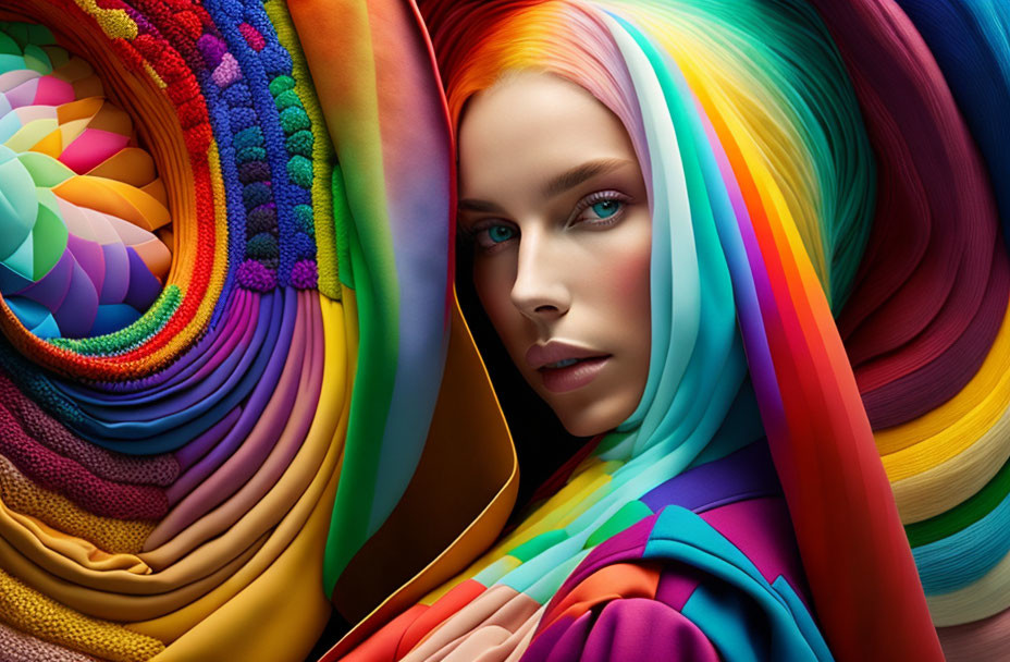 Blue-eyed woman surrounded by colorful fabric swirls