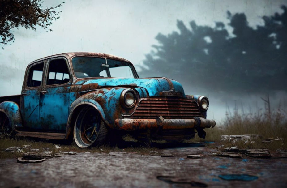 Abandoned blue rusty car in desolate surroundings with overcast skies and fog