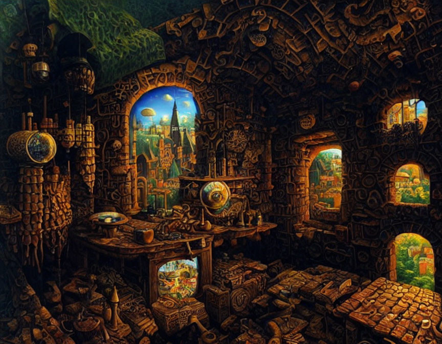 Detailed whimsical interior artwork with curious objects, intricate patterns, and arched windows.