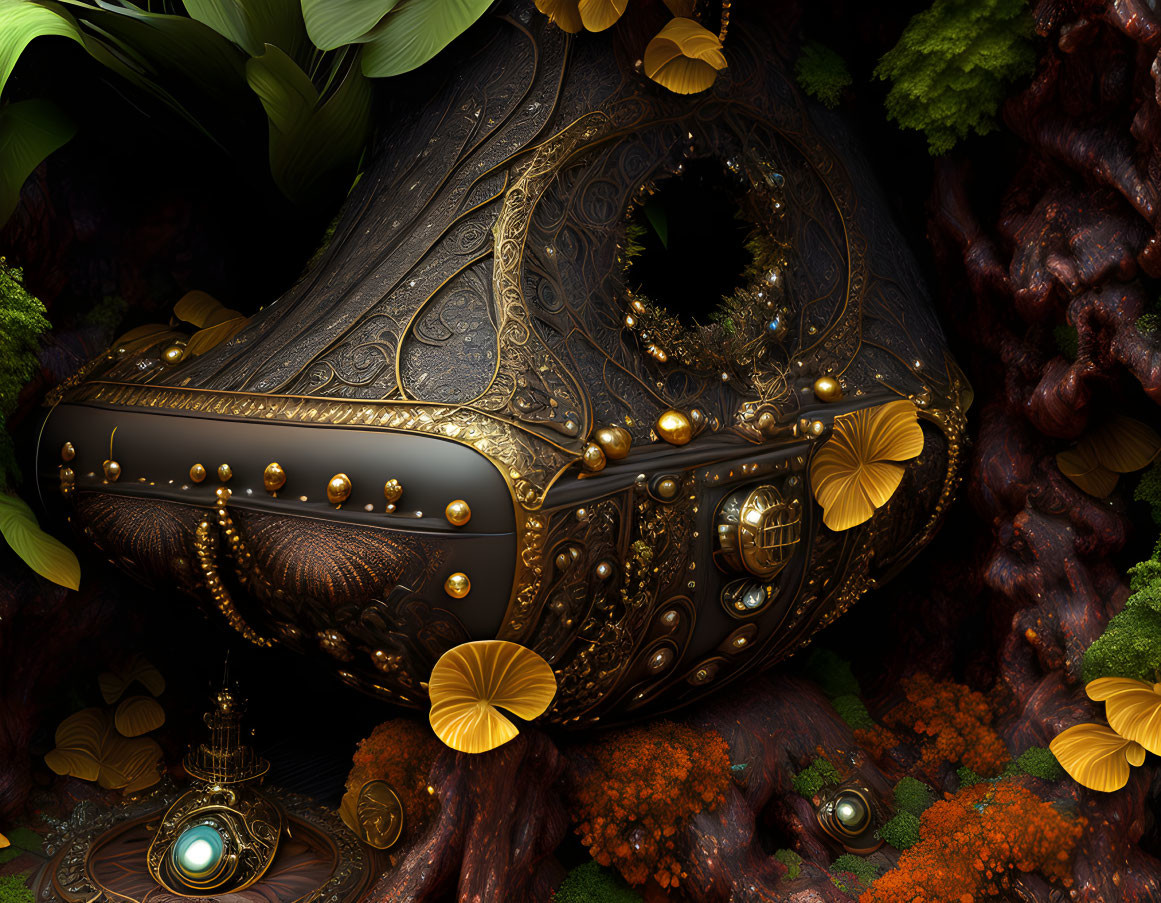 Intricate Metallic Object Surrounded by Greenery and Earthy Textures