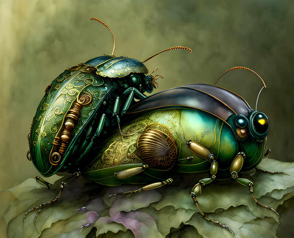 Mechanized beetle digital artwork with glowing eyes on greenish background