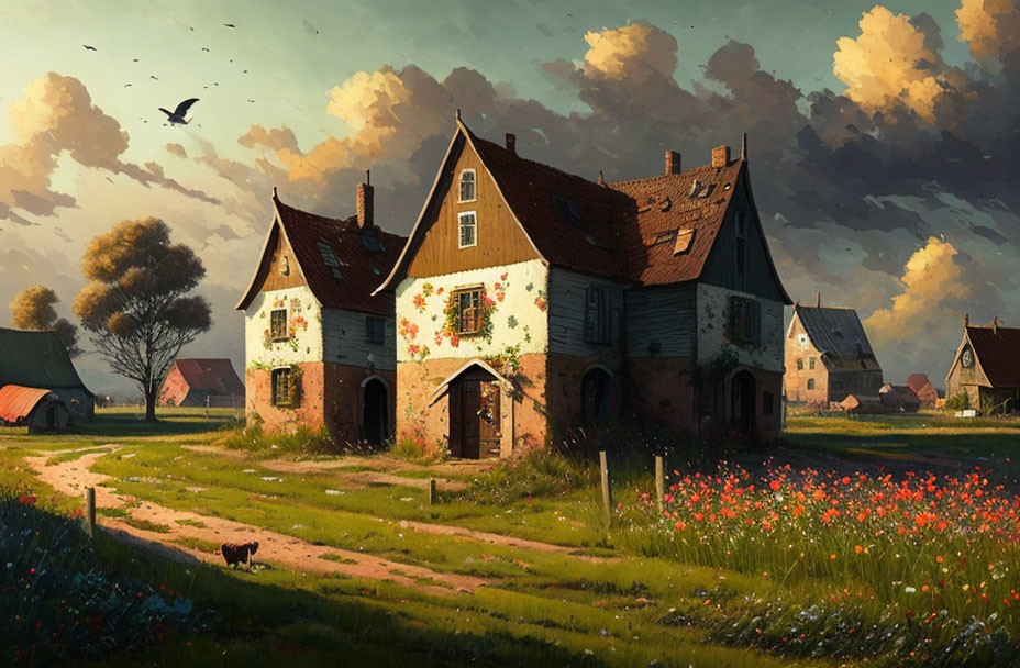 Charming countryside scene with rustic houses, flower path, lush fields, birds, and sunset clouds