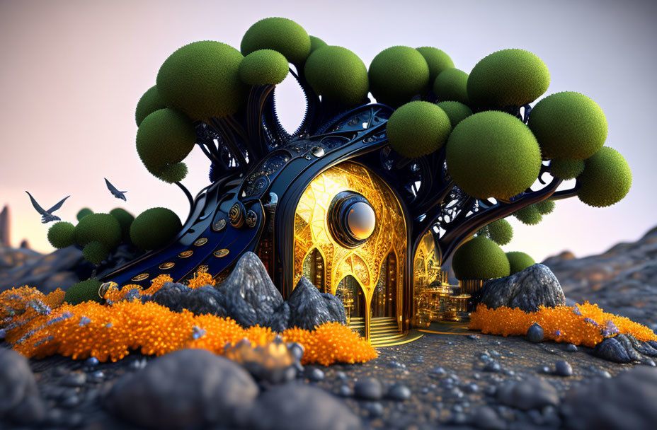 Ornate organic structure with glowing gold details and green foliage in alien landscape