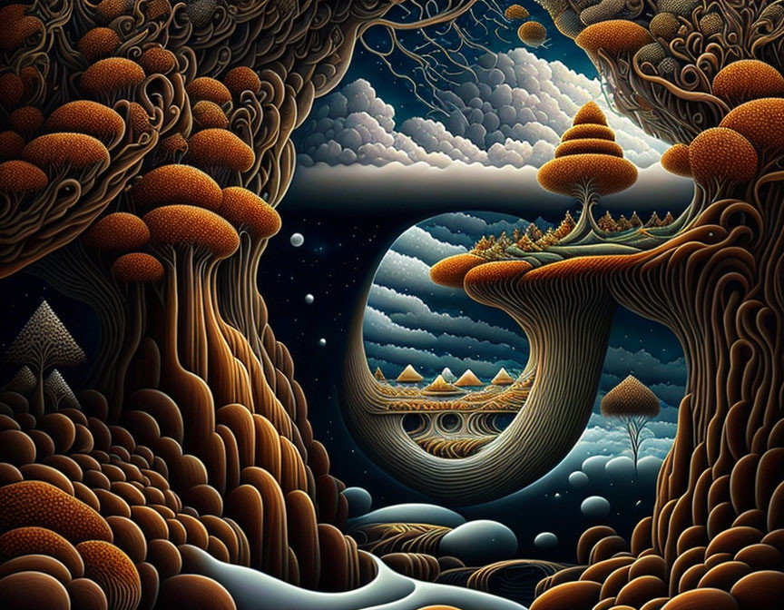 Surreal landscape with stylized trees, mushrooms, river, and starry night sky