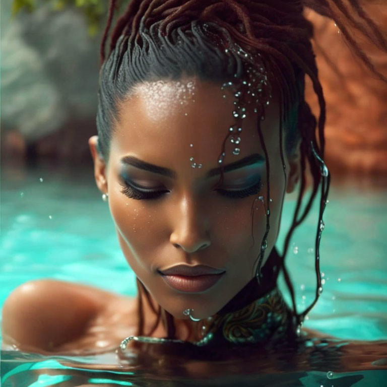 Woman with Braided Hair in Water with Blue Eye Makeup