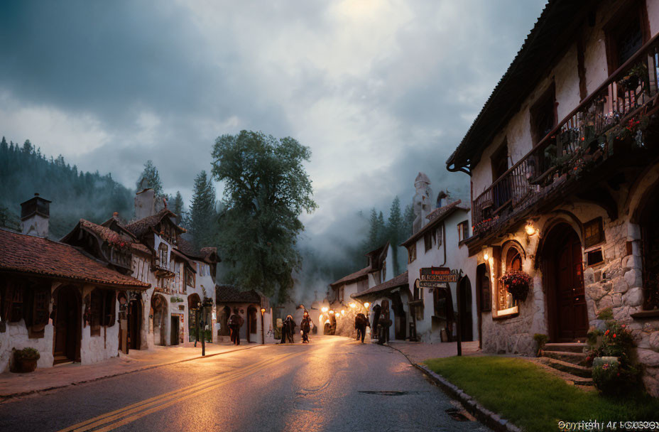 Village street at twilight with illuminated storefronts and figures under dusky sky