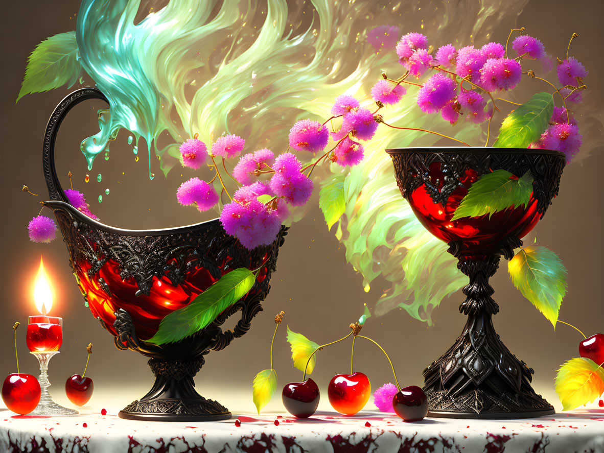 Ornate black and red goblet with magical green liquid next to goblet with purple flowers,