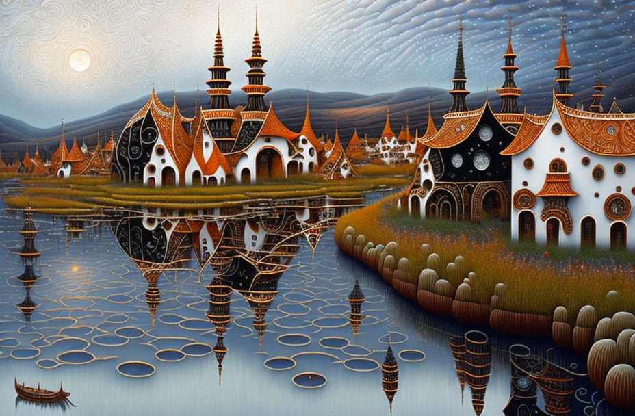 Ornate fantasy landscape with reflective buildings and swirling sky