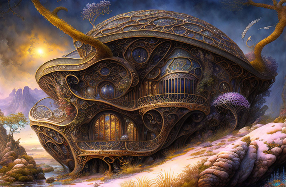 Ornate turtle-shaped structure in serene fantasy landscape