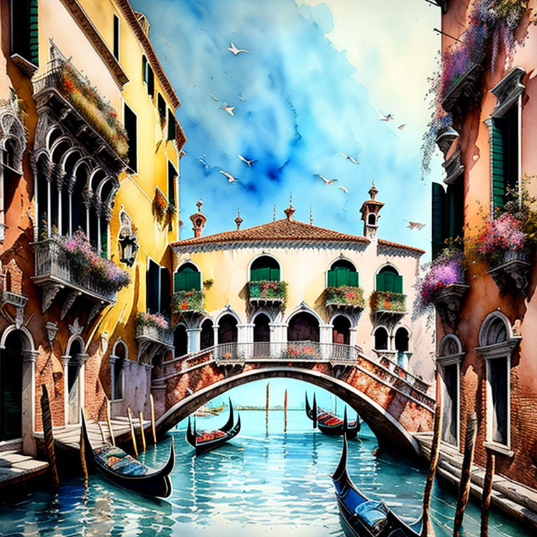 Venetian canal watercolor painting with gondolas, bridge, and colorful buildings.