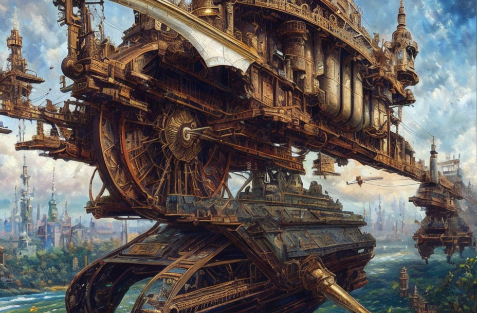 Steampunk airship with mechanical gears above fantasy cityscape