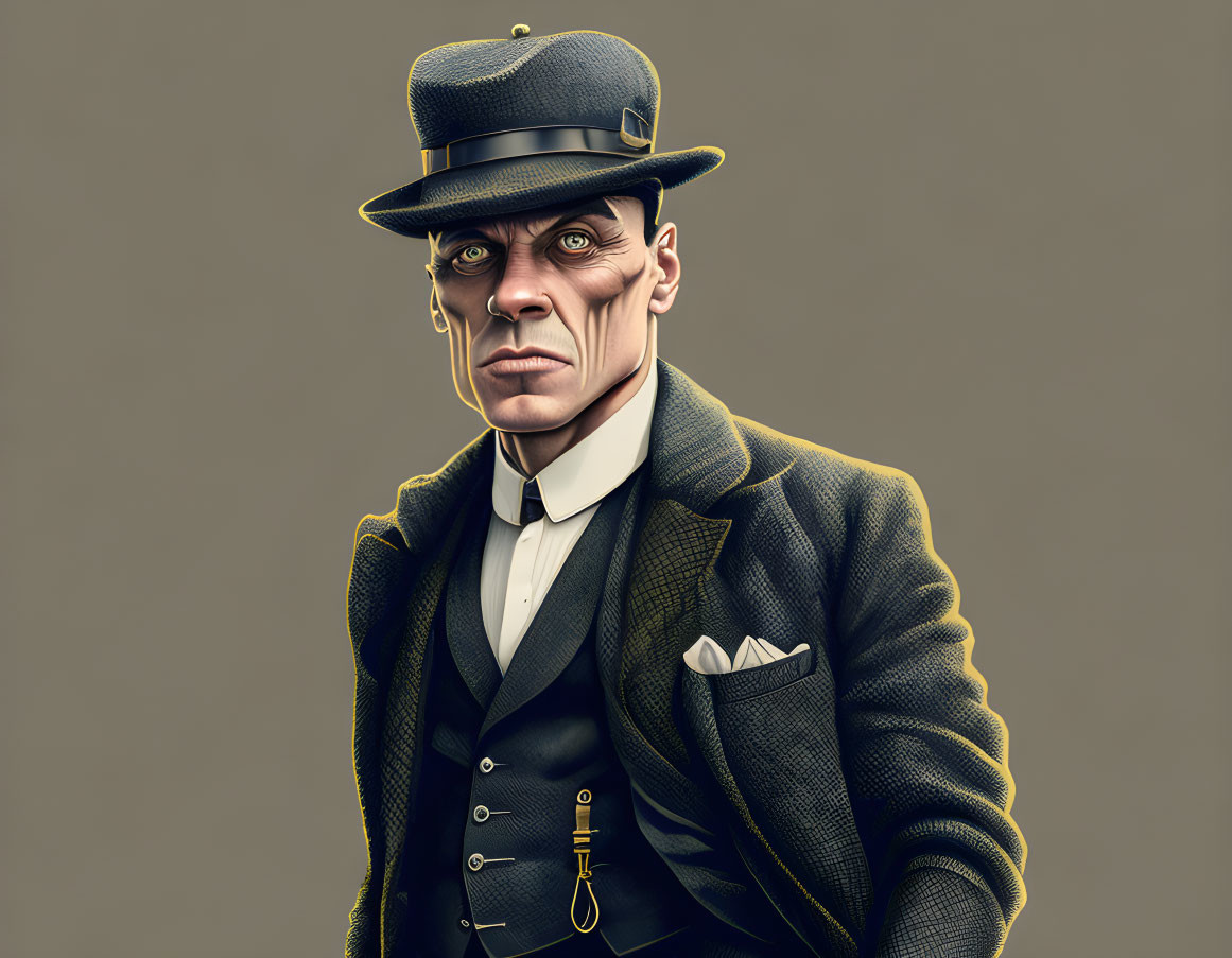 Vintage man in bowler hat and tweed suit with intense eyes - digital illustration