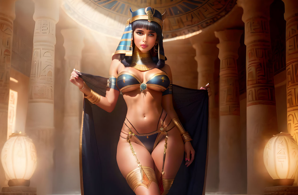 Woman in Ancient Egyptian Costume Poses in Temple Setting