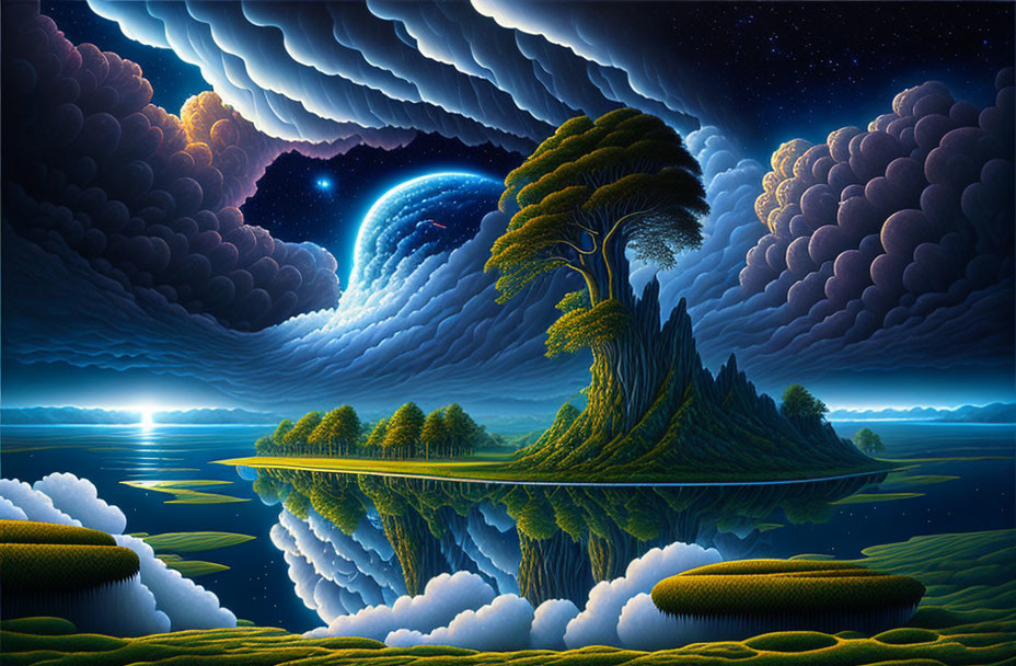 Surreal landscape with vibrant night sky, moon, lake, tree island