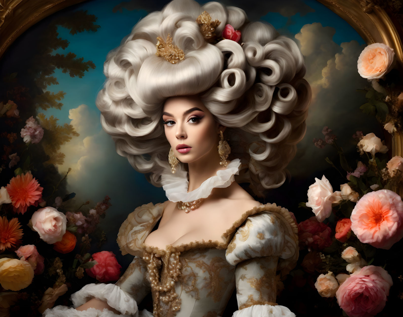 Elaborate Baroque wig and period dress with gold jewelry in oval mirror portrait