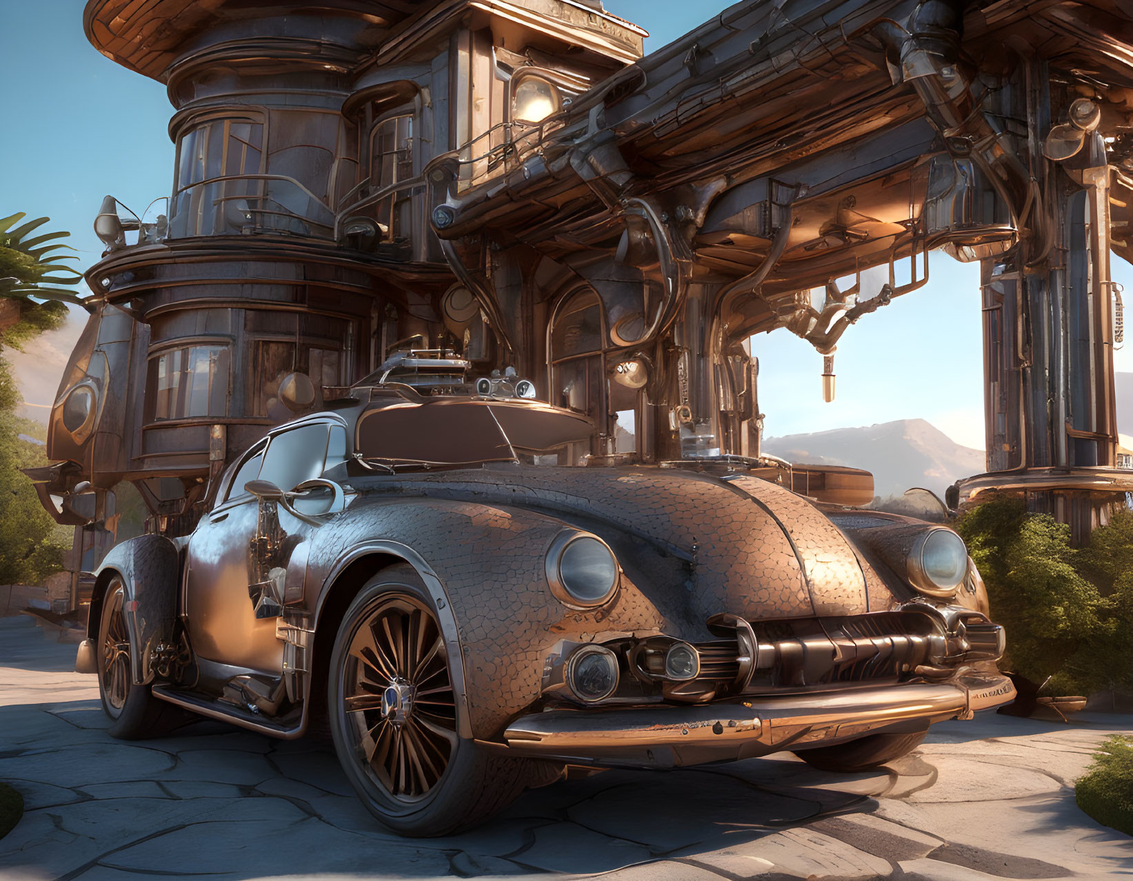 Vintage Steampunk-Style Car with Brass Accents Parked by Industrial Building