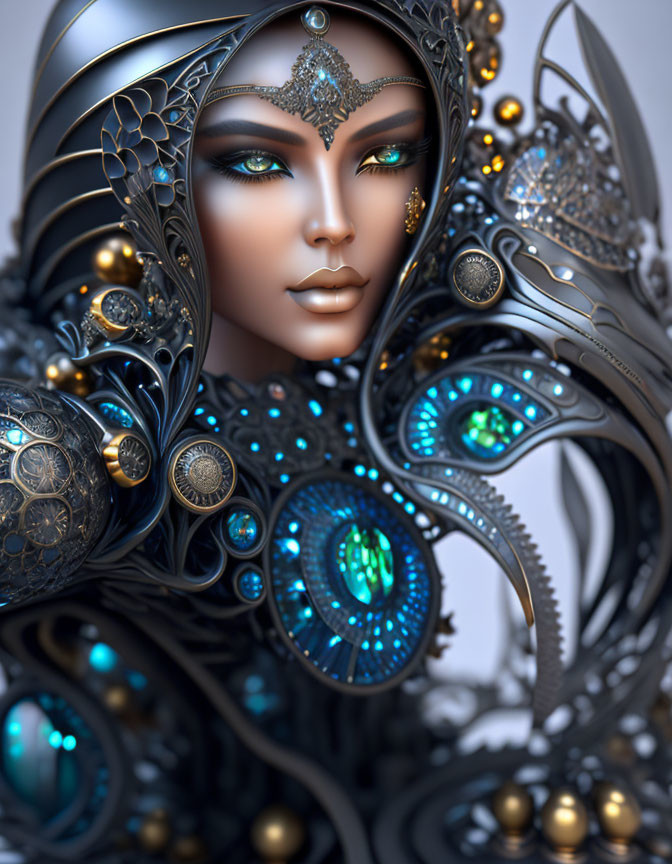 Intricate female figure in ornate metallic armor with glowing blue gems