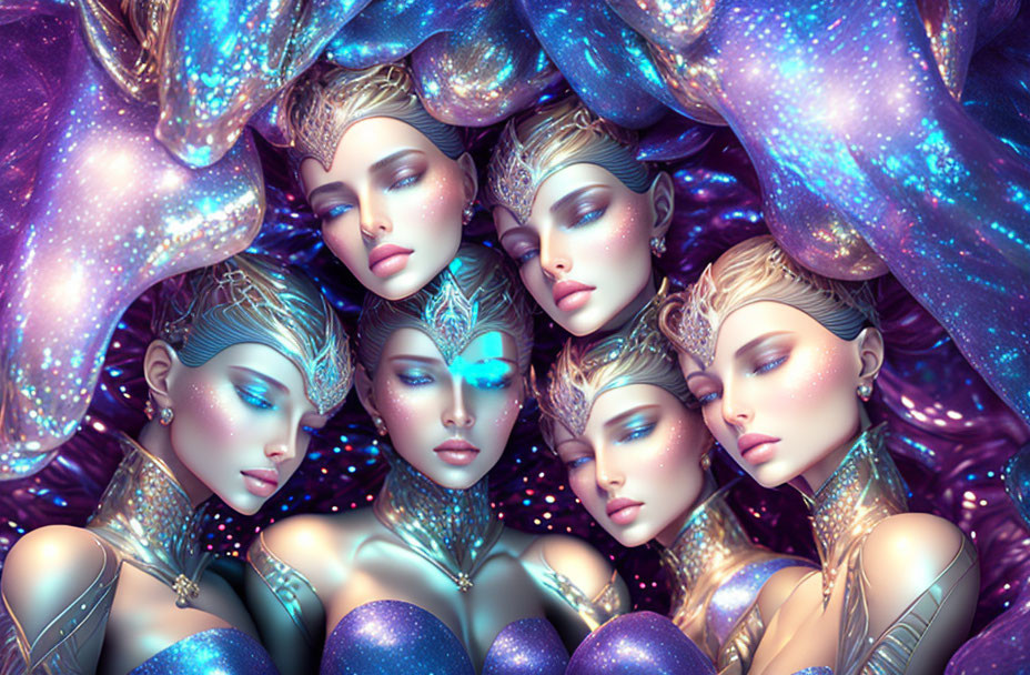 Cosmic-themed digital artwork of female figures with glittering skin in shades of purple and blue