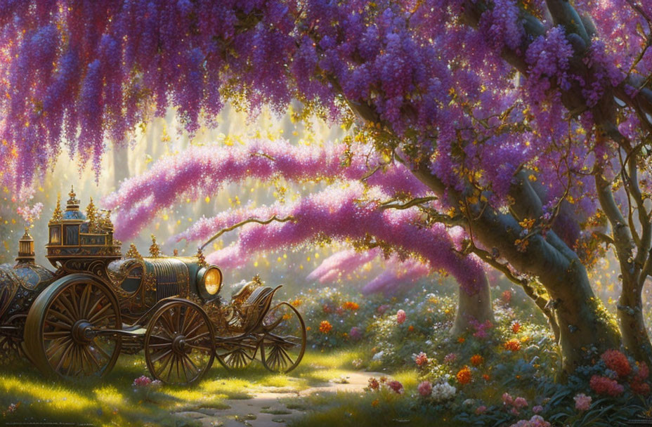 Vintage Carriage under Cascading Wisteria in Sunlit Garden