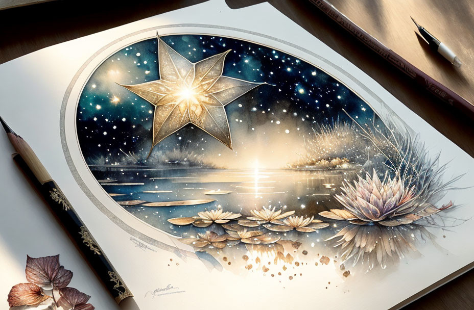 Luminous star over tranquil night landscape with water and flowers