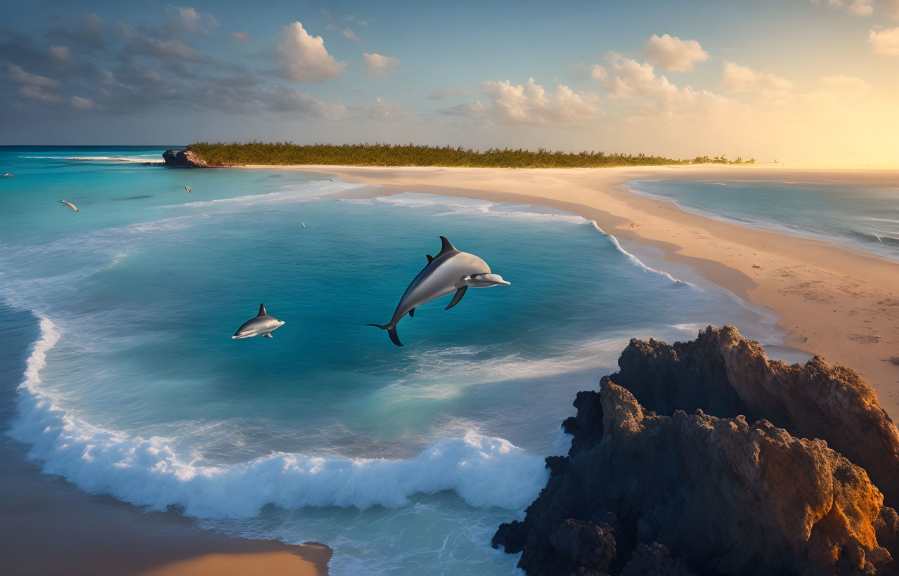 Tranquil beach scene with leaping dolphins, clear blue waters, and vibrant sunset sky