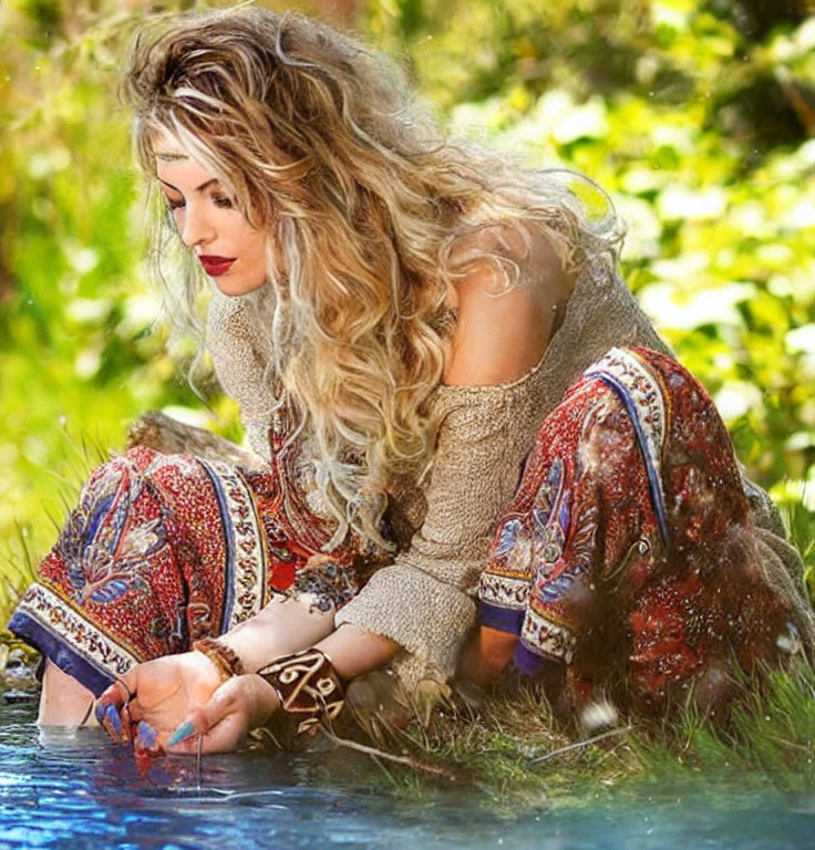 Curly Blonde Woman in Bohemian Attire by Stream