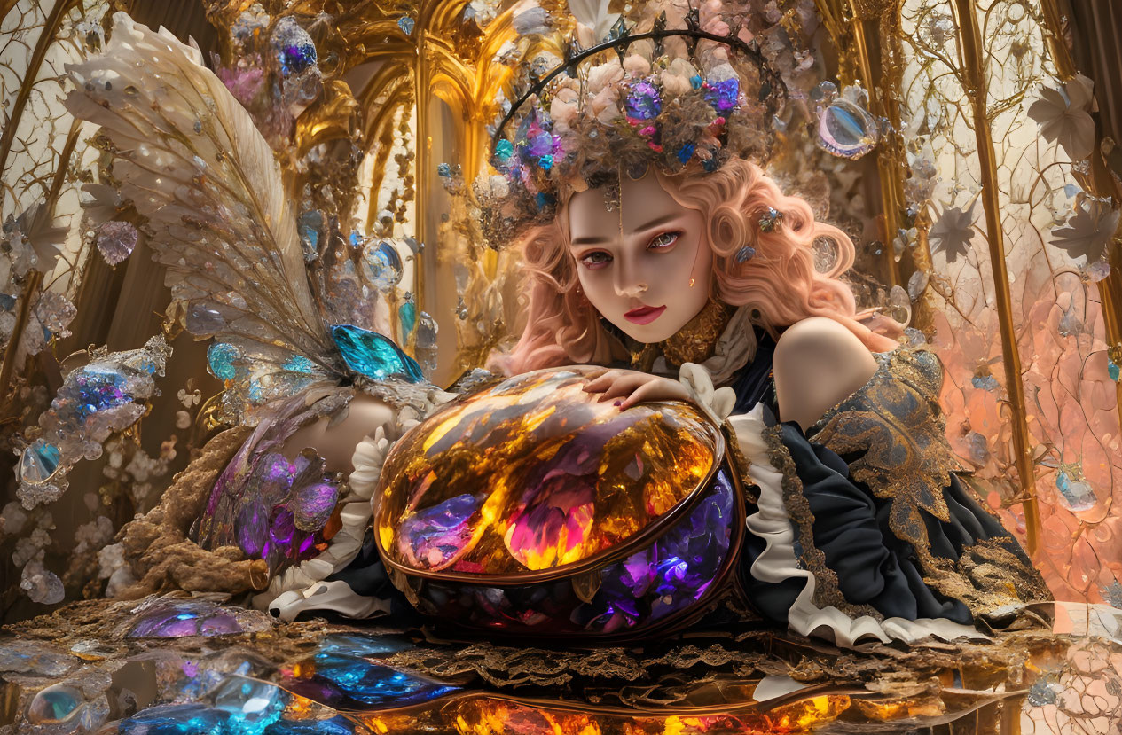 Winged fairy-like character with glowing orb in ornate attire