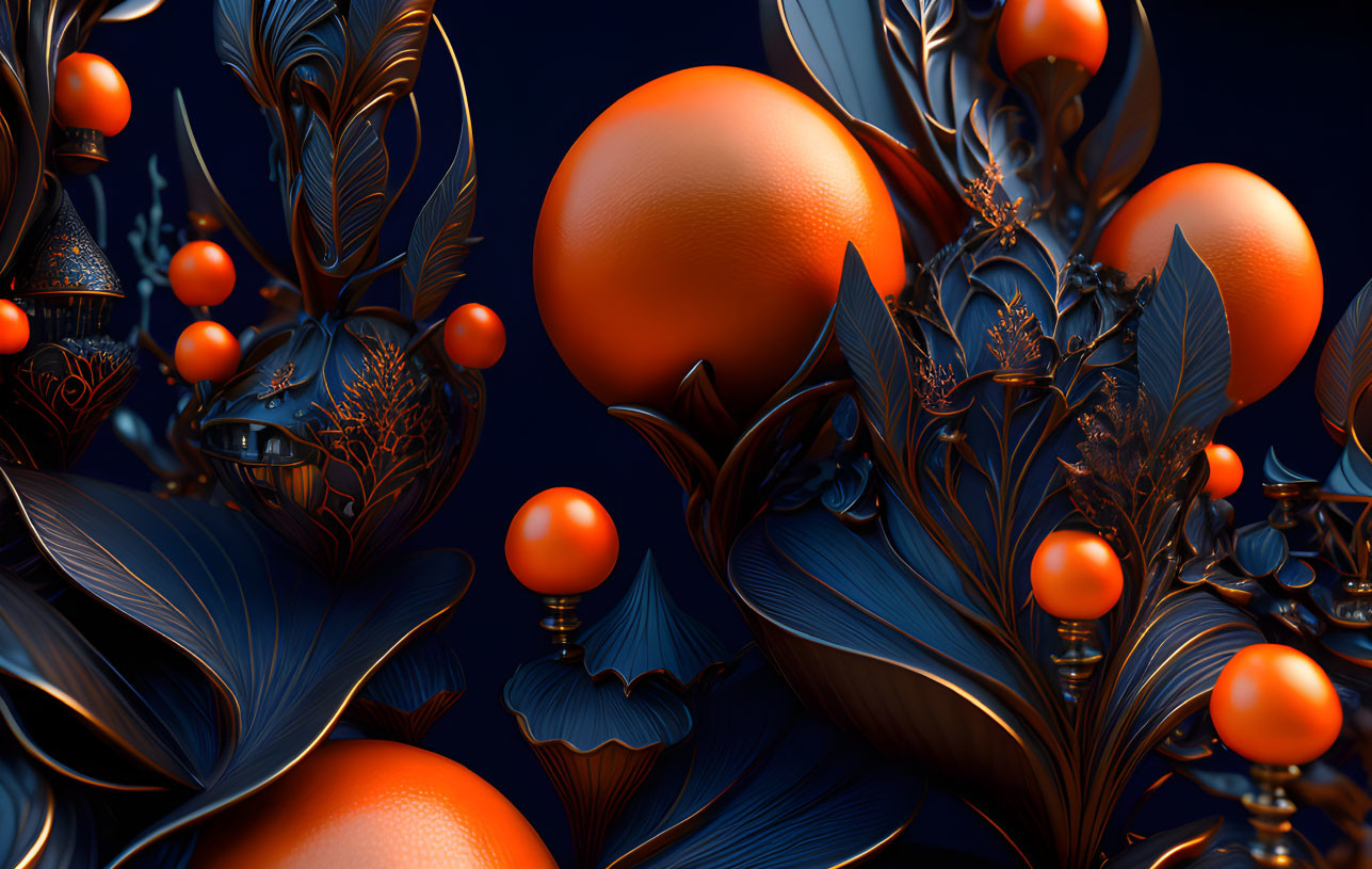 Surreal dark art with orange spheres and metallic blue foliage