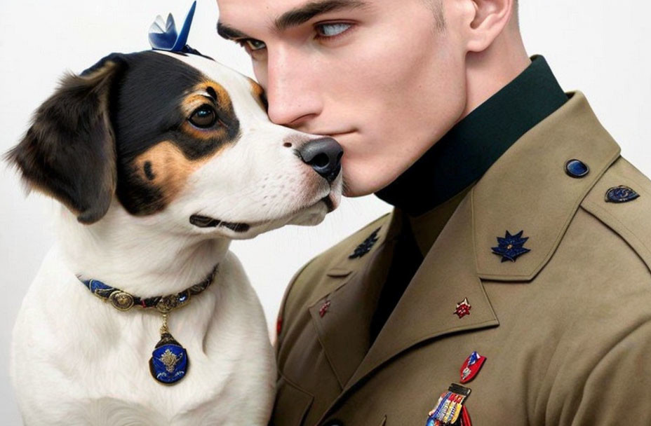 Military man and beagle in matching attire share a close bond