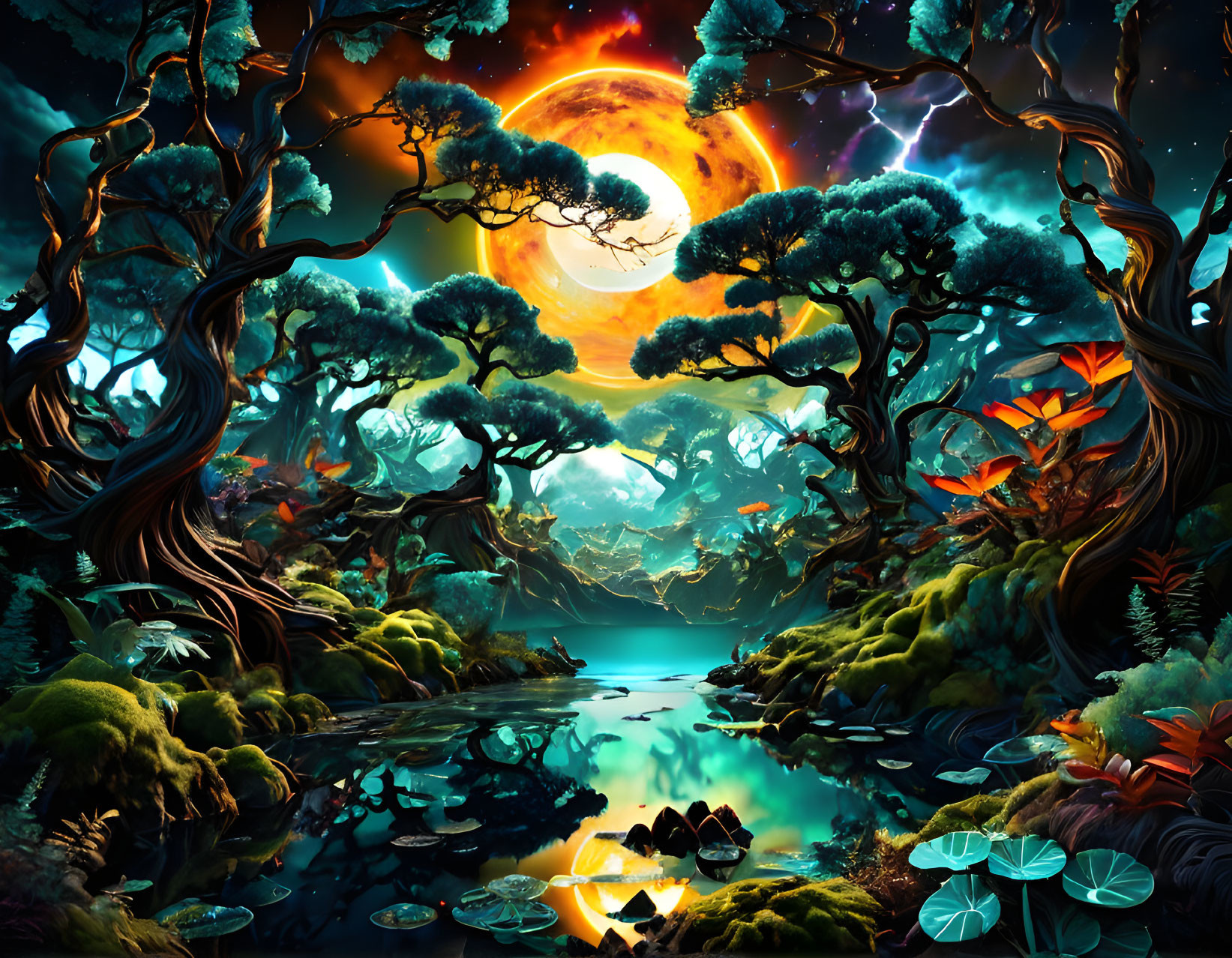 Fantastical forest with twisted trees and oversized moon.