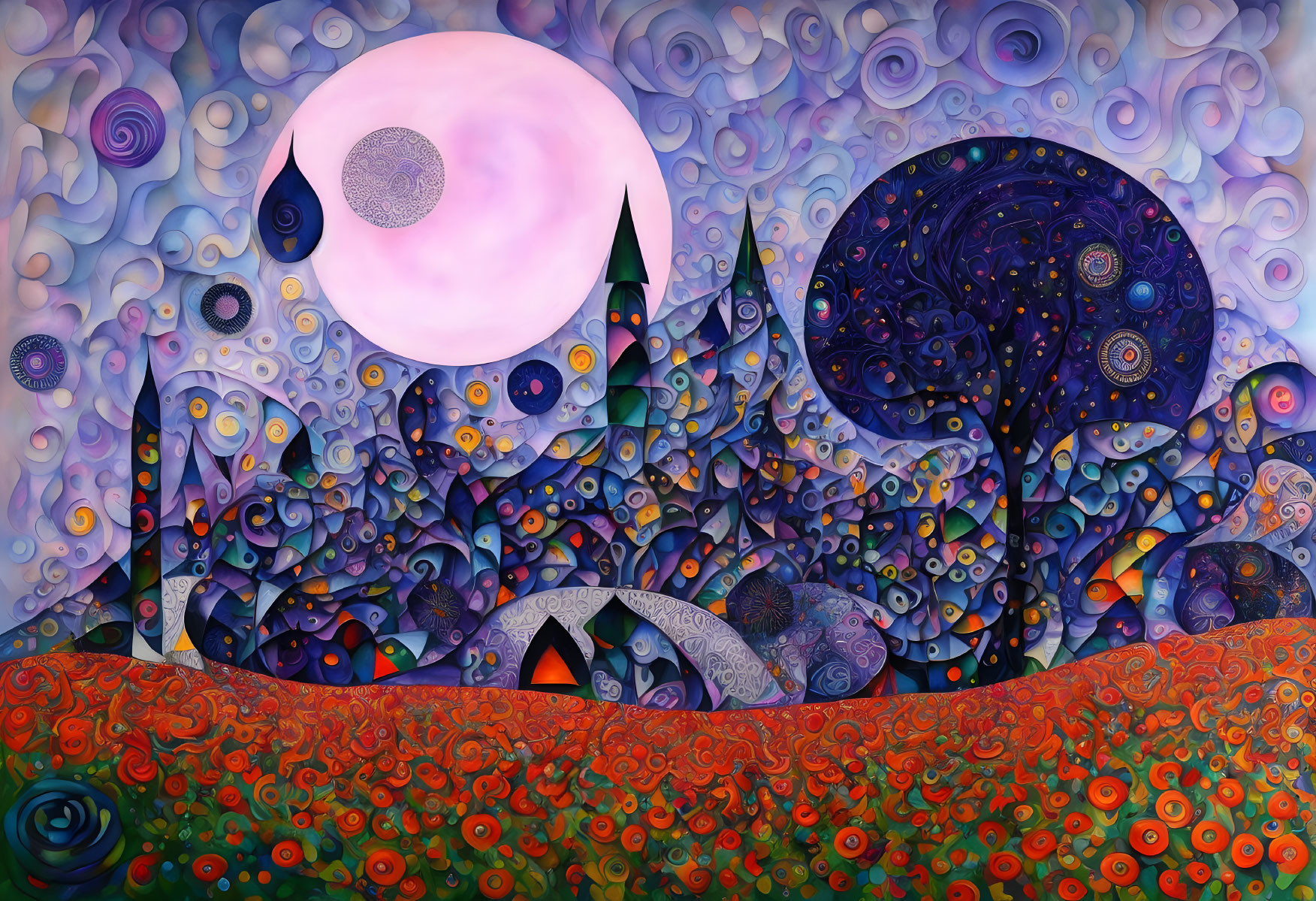 Colorful landscape painting with pink moon, swirling patterns, tower-like structure, trees, and floral motifs