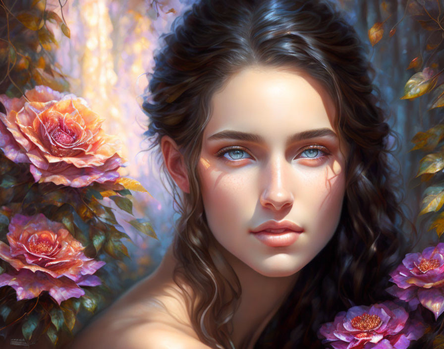 Portrait of Woman with Blue Eyes and Wavy Hair Among Pink Roses in Forest