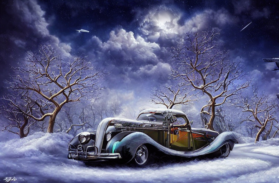 Vintage car in snowy night with moon and shooting stars